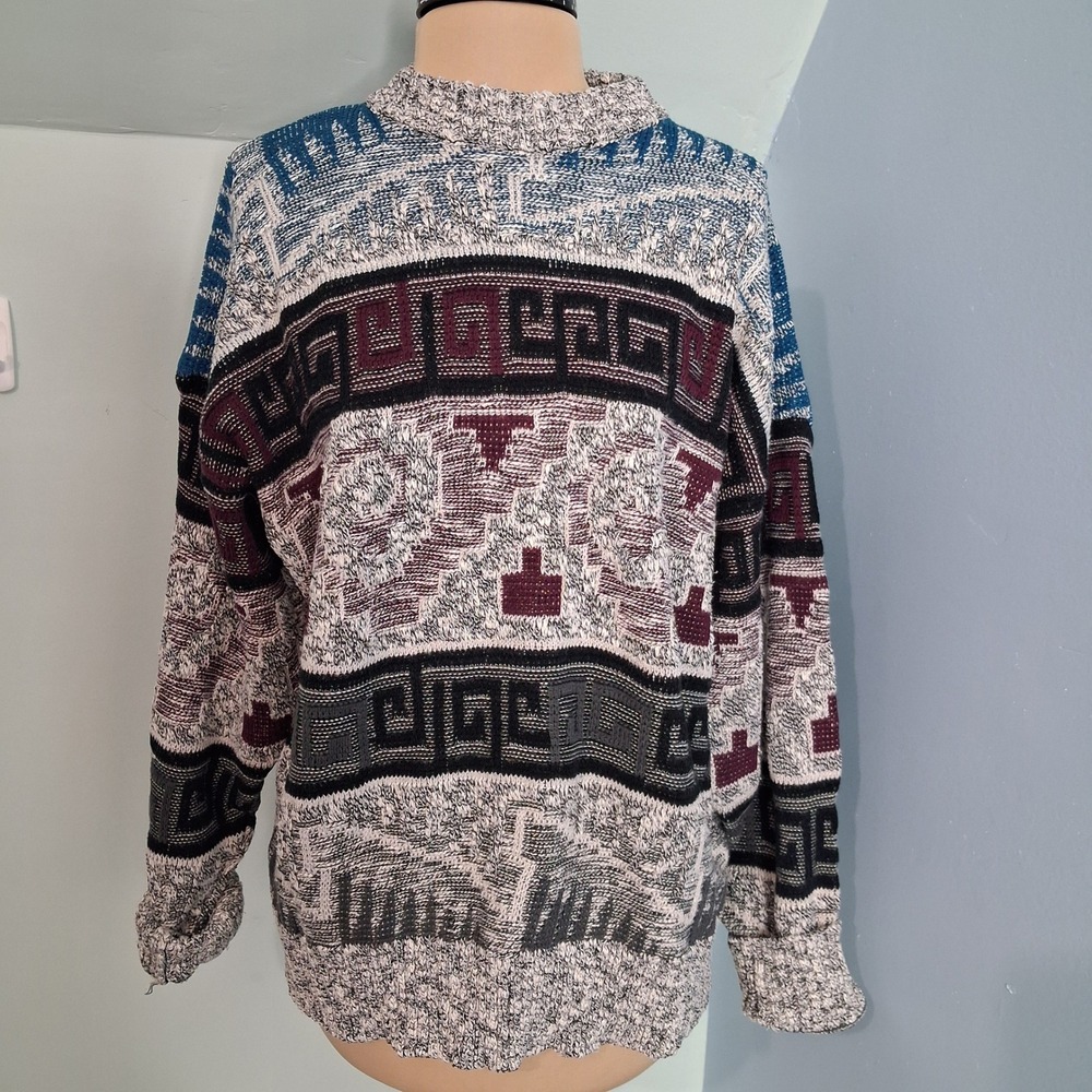 City Streets Vintage Geometric Crewneck Sweater XL Multi-Color Retro Marled Knit
